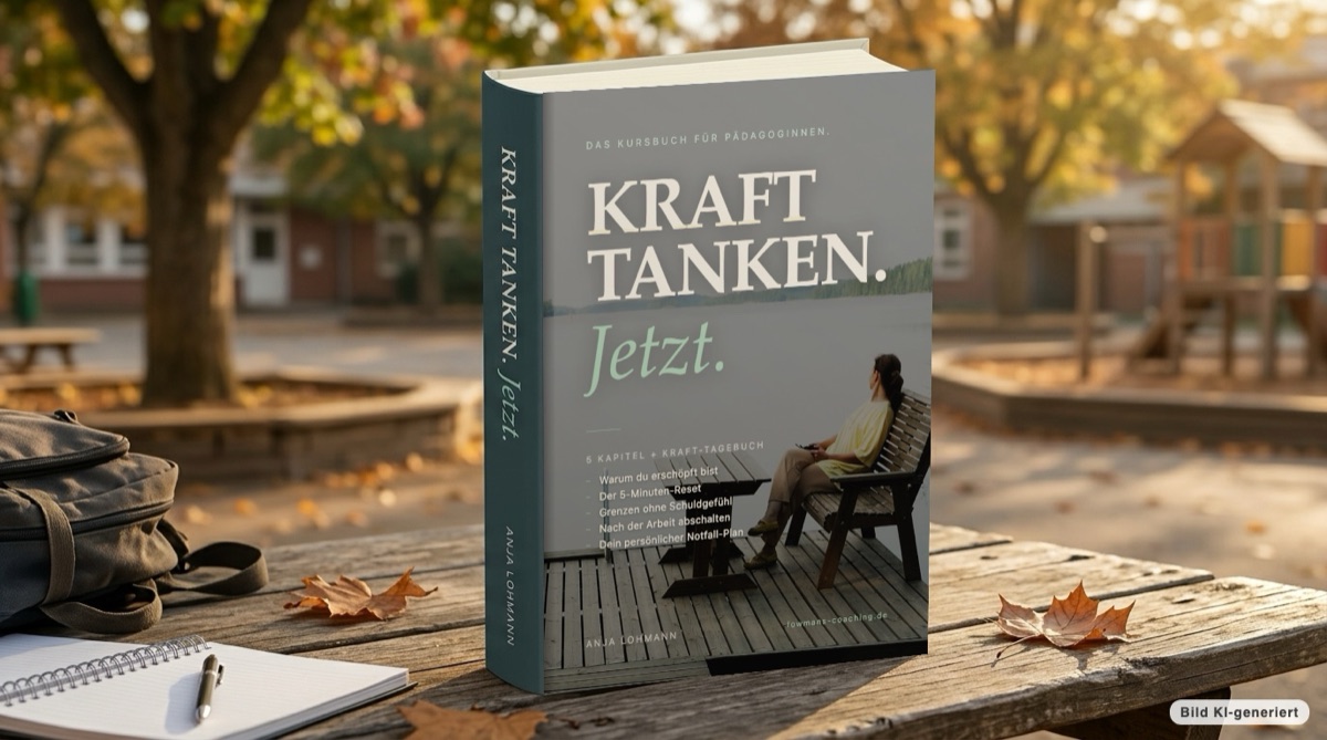 Das Kursbuch Kraft tanken. Jetzt. auf einem Holztisch im Hof einer Kita